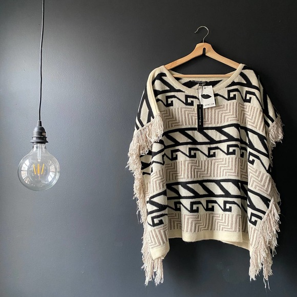W118 by Walter Baker Sweaters - Walter Baker Alex Intarsia-knit Fringe Poncho Sweater NEW